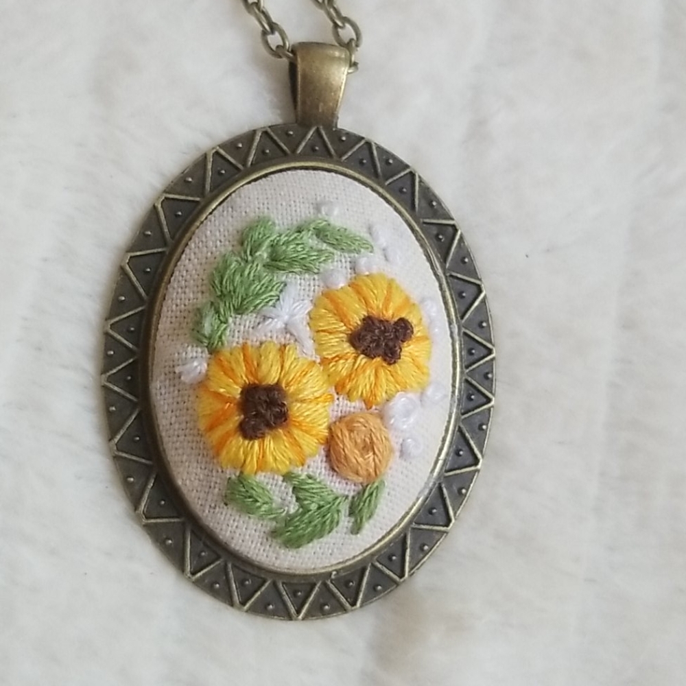 Hand Embroidered Floral Pendant Necklace